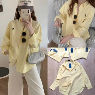 Áo sơ mi nữ tay dài chất Oxford mềm mại form suông basic điểm họa tiết ngực – màu vàng pastel 