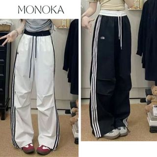  Quần ống rộng nam nữ kaki phối cạp đen trắng chữ Alo có chốt gấu Quần dài 3 sọc dây rút cạp chun thể thao suông T1341G 