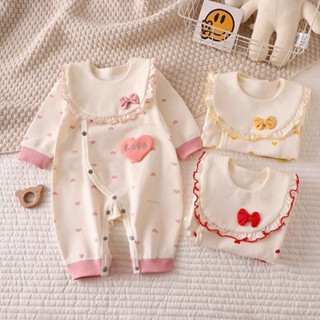 Bodysuit kèm yếm cho bé gái từ 0-12 tháng vải thun cotton Body dài tay thu đông bé gái Áo liền quần trẻ sơ sinh SLT191