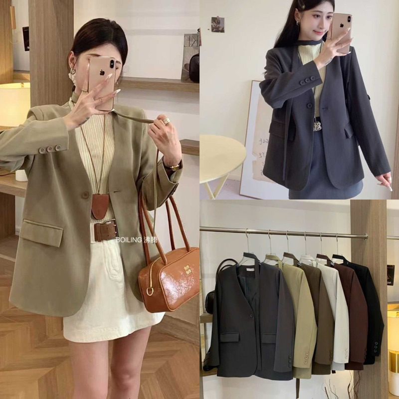 B18 Áo Khoác Blazer Nữ Dài Tay Cổ V Kèm Dây Boiling Dáng Suông - Áo Vest Nữ Dài Tay Công Sở Boiling 