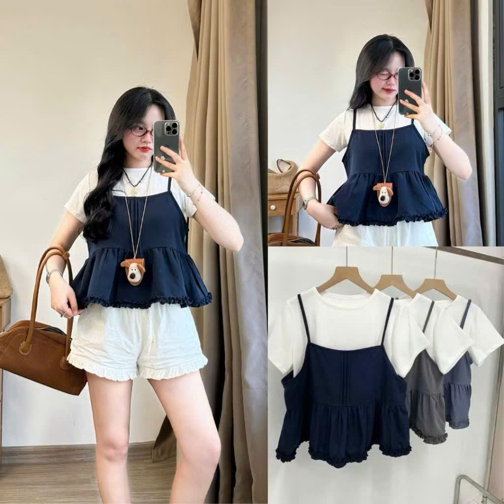 Áo sơ mi babydoll, Set bộ bánh bèo nữ dây điều chỉnh được