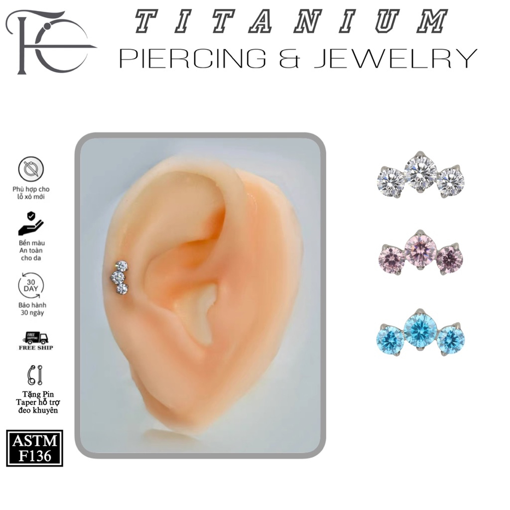 Khuyên Titan F136 Hoạ Tiết 3 Đá Không Kích Ứng