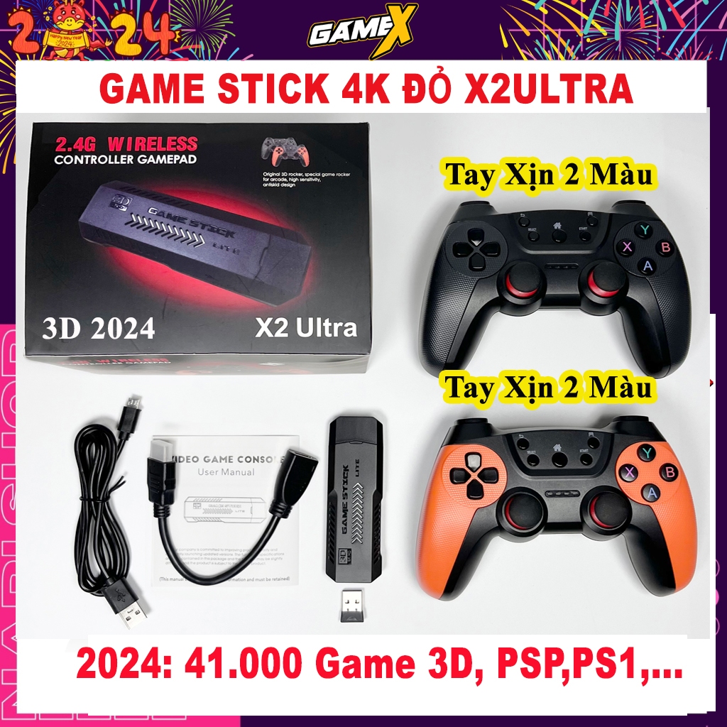 Máy Chơi Game Stick 4K 3D 2025 128GB 50.000 trò mới có 2 tay cầm không dây kết nối tivi HDMI