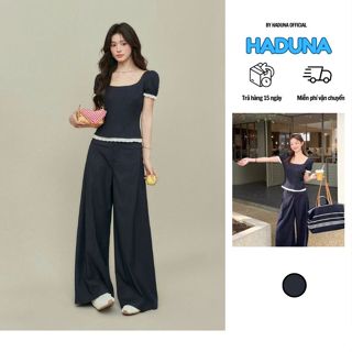 Set Đồ Bò Mềm Nữ Áo Sơ Mi Cổ Vuông Viền Ren Phối Quần Xuông Ống Rộng Phủ Giày Retro HADUNA