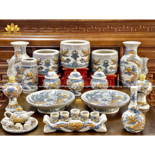  Bộ Đồ Thờ Cúng Men Rạn Đắp Nổi Hoạ Tiết Rồng- đồ thờ cúng gia tiên thổ công bàn thờ thần tài gốm sứ Bát Tràng 