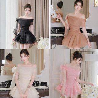 Đầm Tơ Tùng Xoè Dáng Ngắn Thiết Kế Lệch Vai Cài Hoa Nữ Tính Dịu Dàng