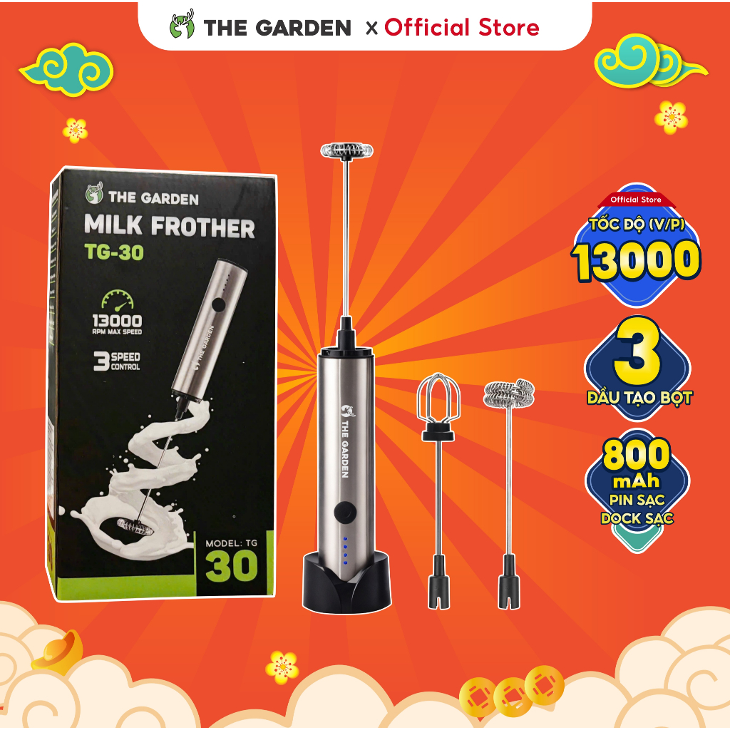 Máy tạo bọt cafe, máy đánh trứng mini GREENMIX GM-30 cầm tay Foamer, usb, dây sạc điện type C - THE GARDEN 3 đầu đánh