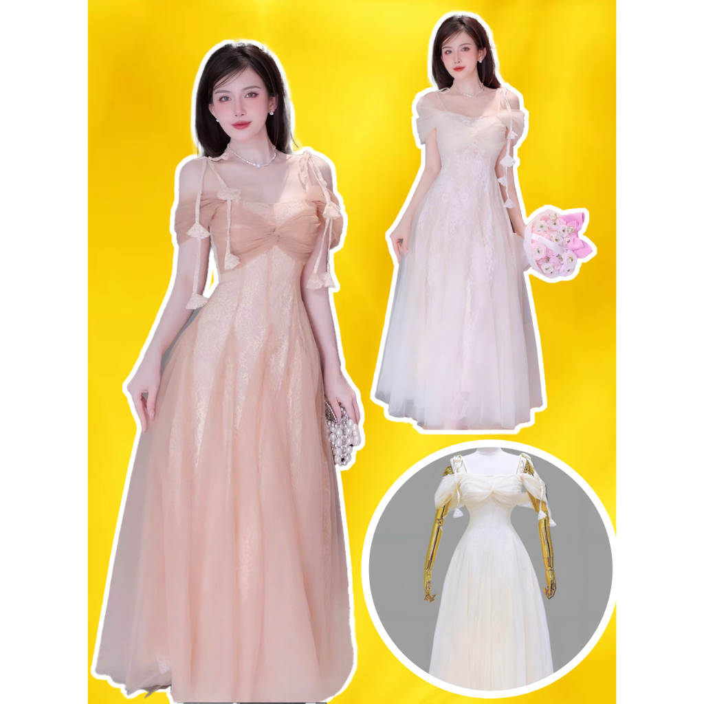 Đầm Váy trắng công chúa trễ vai Cột Dây 2 dây Xoè Nhún Ren phối lưới xếp ly eo nâu trắng bigsize dự 