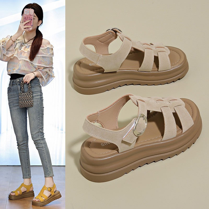 Dép sandal la mã quai da lộn khuy cài đế tăng chiều cao mềm dẻo phong cách Hàn Quốc hàng QC loại 1 mẫu mới