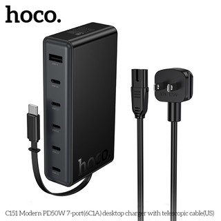 Bộ sạc nhanh PD50W Hoco C151 kèm cáp thu gọn chân C, có 5 cổng Type C + USB, dây cắm dài 1.5m