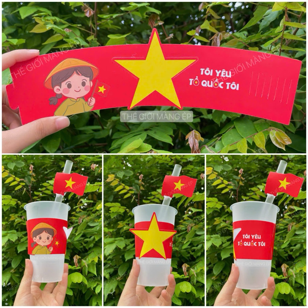 [Combo 100c] Cover Bọc Ly Kèm Tag Ống Hút – Phụ Kiện Trang Trí Ly Giấy, Ly Nhựa Lễ 02/09