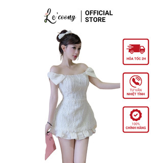  Váy Đi Tiệc Phối Hoa Nổi Trễ Vai LECOONG V791 Đầm  Đẹp Dáng Ngắn Màu Kem Sang Chảnh 