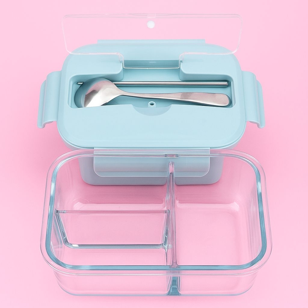 Hộp cơm văn phòng thuỷ tinh 3 ngăn 1040ml có muỗng, đũa kèm theo