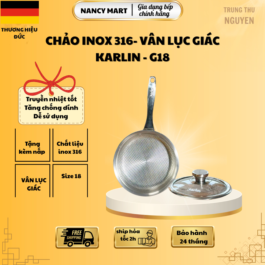 Chảo Karlin G18, chảo vân lục giác, inox 316