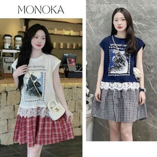  Váy đuôi cá dáng ngắn tay hến phối ren chân kẻ caro vintage trẻ trung Đầm nữ form rộng suông bigsize đi chơi T1342G 