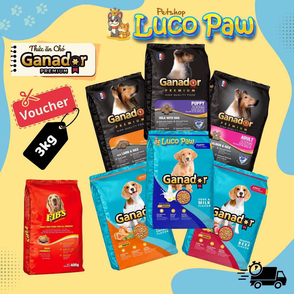 [ Kèm quà Pate Molik ] Thức ăn hạt Ganador - Fib's  3kg : Thức ăn hạt khô cho CHÓ Con & Trưởng Thành