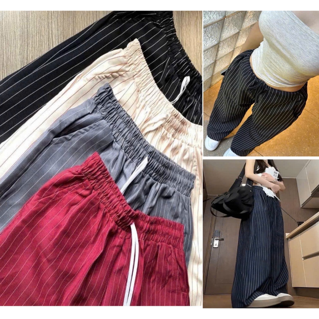 Quần Ống Suông Kẻ Sọc Hack Dáng Cạp Chun Phối Dây Điều Chỉnh Thoải Mái MA092