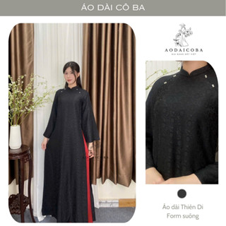  Áo Dài Cách Tân Thiên Di Dáng Suông Cổ Cao Chất Gấm Hoa Trà Đen Sang Trọng  Tay Dài Loe Trẻ Trung - Áo Dài Cô Ba 