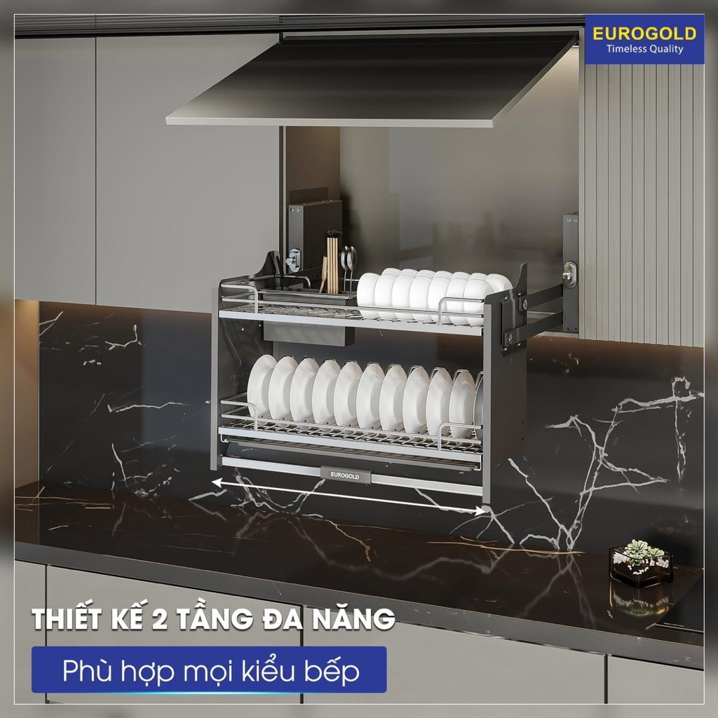 Giá bát nâng hạ nan oval inox 304 EUROGOLD EPV9090pro, Kệ úp chén bát tủ trên