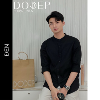 DODEP Áo sơmi nam cổ trụ 100% linen premium tay dài màu đen