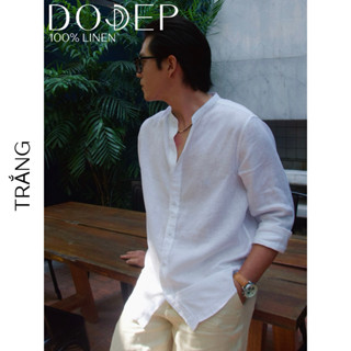 DODEP Áo sơmi nam 100% linen premium tay dài cổ trụ màu trắng
