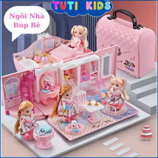 Ngôi nhà búp bê thiết kế dạng túi xách kèm 2 búp bê, đồ chơi búp bê dễ thương cho bé gái