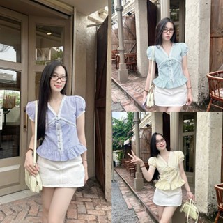  Áo sơ mi nữ kẻ sọc phối ren chít eo trẻ trung LAMO - B1448 