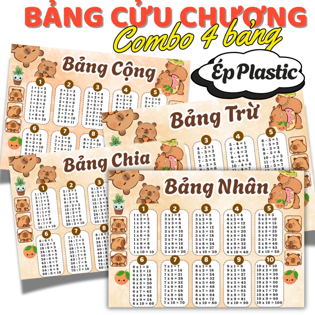 BẢNG CỬU CHƯƠNG NHIỀU CHỦ ĐỀ DỄ THƯƠNG, A4 ÉP PLASTIC .( COMBO 4 BẢNG: Cộng, trừ, nhân, chia)