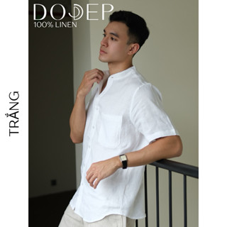 DODEP Áo sơmi nam cổ trụ 100% linen premium tay ngắn