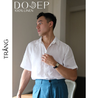 DODEP Áo sơmi nam 100% linen premium tay ngắn màu trắng
