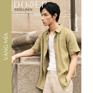 DODEP Áo sơmi nam 100% linen tưng cao cấp tay ngắn Vàng Mía, vạt bầu