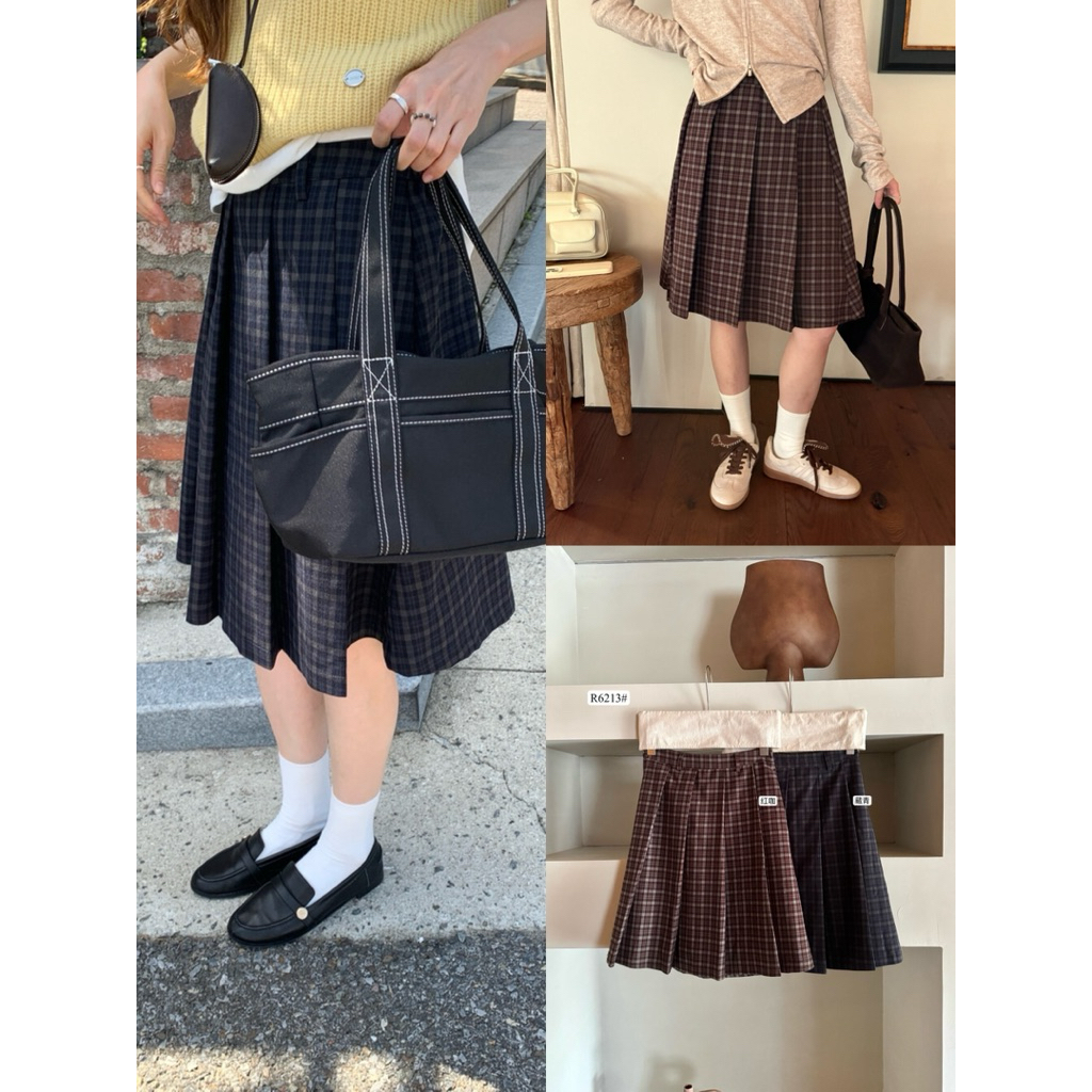 𝐢𝐦𝐜𝐡𝐢𝐜.𝟐𝟐𝐬 | Sẵn Chân Váy Midi Xếp Li Caro Lưng Chun Kittin Phong Cách Hàn Quốc Thời Trang Nữ