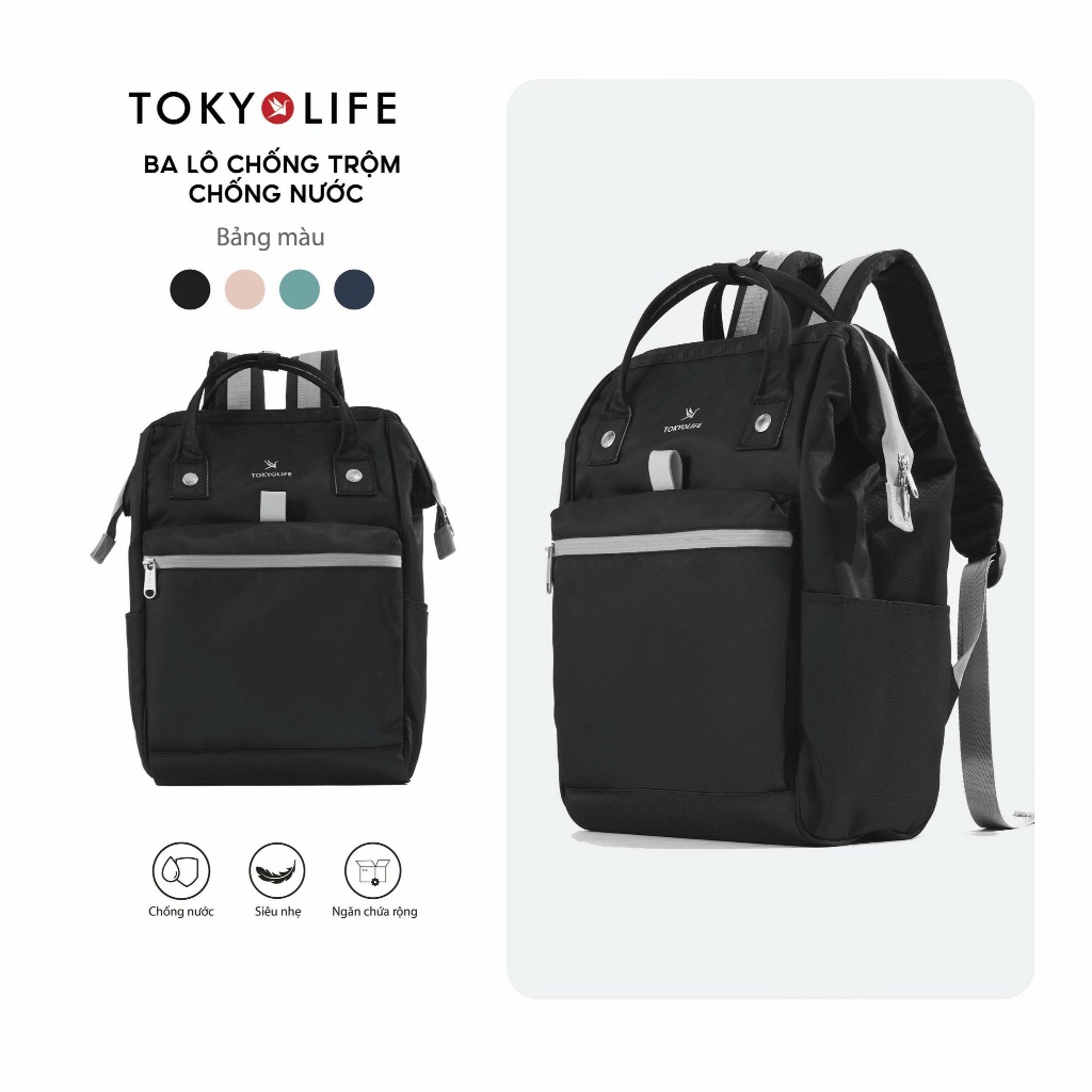 Balo đi học basic TOKYOLIFE chống trộm chống nước chống thấm nhiều ngăn 40000410 (40x28x17cm)