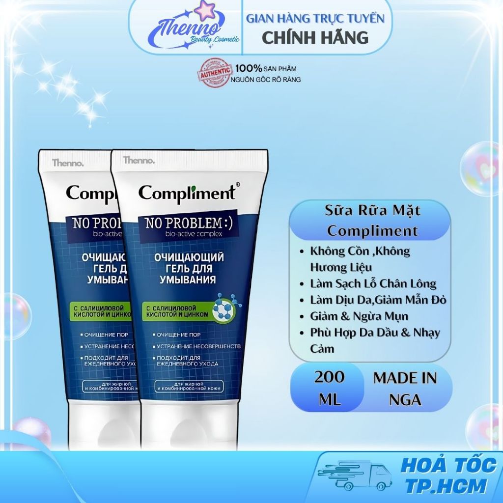 Combo 2 Sữa Rửa Mặt Compliment No Problem Cleansing Gel with BHA and Zinc Cho Da Dầu Mụn 200ml (Tem 