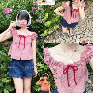  Yuko Top - Áo kiểu nữ áo babydoll nữ kẻ caro thắt nơ đỏ 