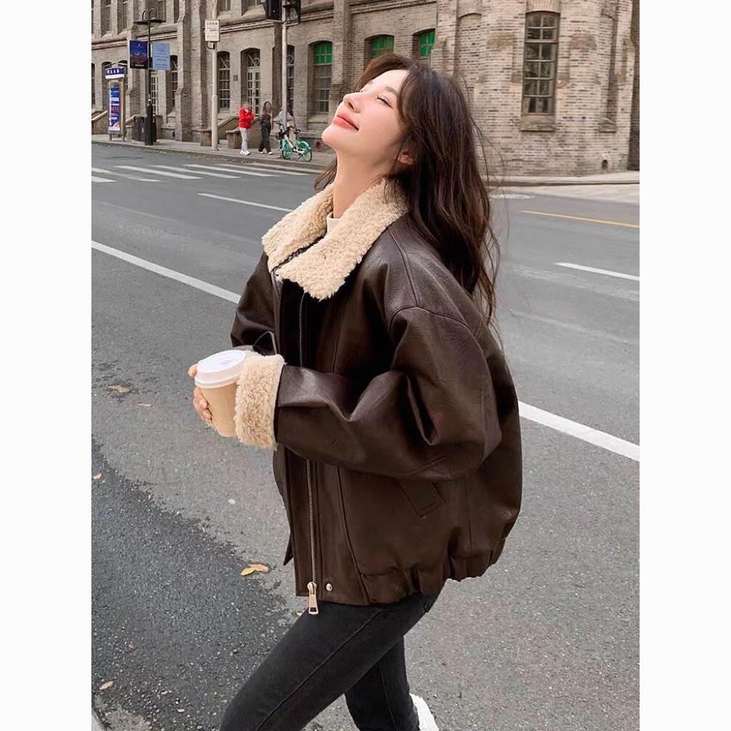 Áo khoác da quảng châu lót lông cừu siêu ấm, da không bong nổ