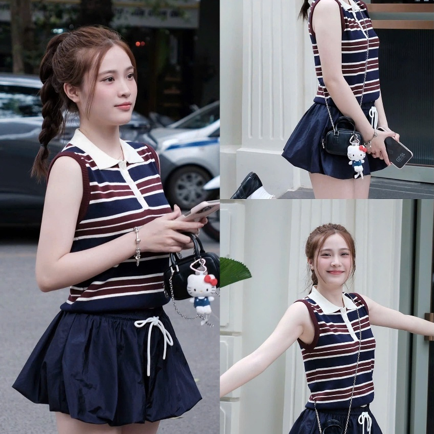 Áo Len Nữ Tay Ngắn Cổ Bẻ Ôm Body Kẻ Đỏ Trẻ Trung Helen'S