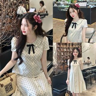  EVERMOM l Đầm bầu Tracy chấm bi cổ sen nơ đen lớn phối nút bọc thanh lịch cho mẹ mang bầu và sau sinh 