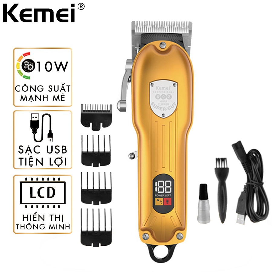 Tông đơ cắt tóc chuyên nghiệp Kemei KM-802, Pin 1000 mAh, công suất 10W