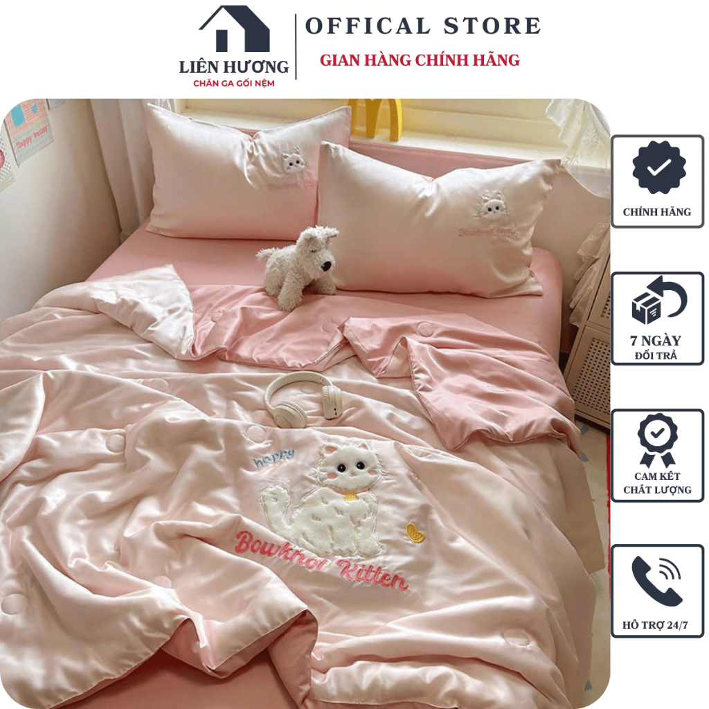 Bộ chăn ga gối phi lụa thêu 5D cao cấp chăn hè trần bông, Chất liệu phi lụa mới bóng mượt hơn, mềm m