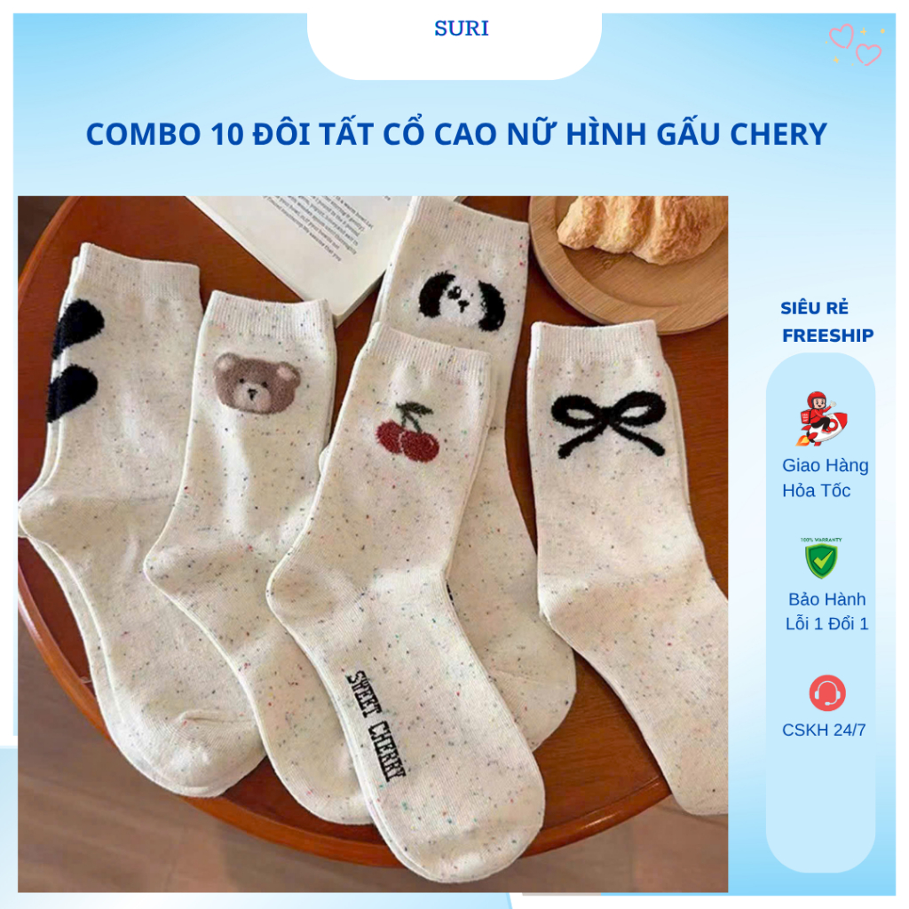 Combo 10 đôi tất nữ hình thú dễ thương – Gấu, Panda, Trái Cherry, Nơ,Trái Tim,Phong Cách Hàn Quốc