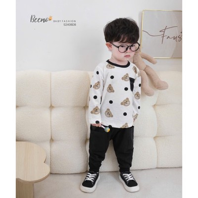 Set thun dài Beemo in hình gấu phối túi vải cotton xược mềm cho bé đi học, đi chơi 5240BDB