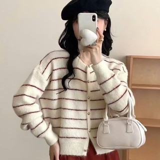  Áo Len Cardigan Cổ Tròn Áo Khoác Len Dáng Lỡ From Rộng Phối Sọc Ngang Nhỏ Kèm Cúc Đồng Dệt Kim Lông Thỏ Dày Dặn Hàng Qc 