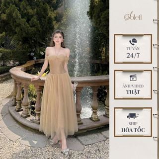 Váy Đầm Thiết Kế Nữ Trễ Vai Dáng Dài Xòe Tay Lửng Phối Lưới Tiểu Thư SOLEIL - Marigold Dress VD13