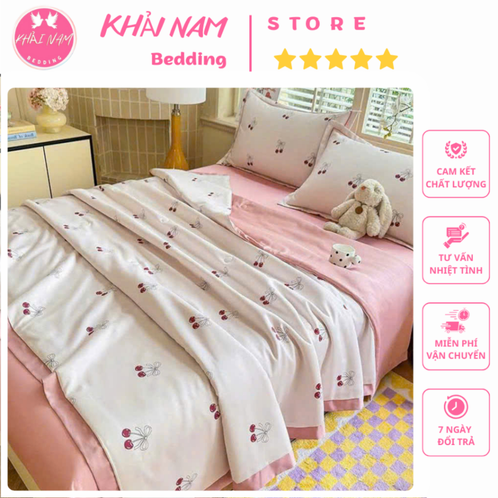 Bộ 4 món chăn ga gối Lụa Thái in hoa trần bông sử dụng 4 mùa, Chăn ga nệm chất liệu mềm mại thoáng m