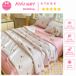 Bộ 4 món chăn ga gối Lụa Thái in hoa trần bông sử dụng 4 mùa, Chăn ga nệm chất liệu mềm mại thoáng mát, chăn trần bông