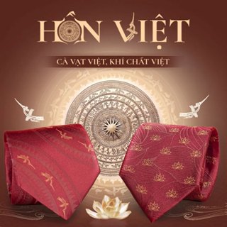 Cà Vạt Nam Lụa Tơ Tằm Bản Lớn Hoạ Hoa Sen Và Trống Đồng - Bộ Sưu Tập Hồn Việt - Thomas Nguyen