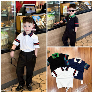  Áo polo bé trai cổ bẻ vải cotton gai thân trơn cổ  dệt tay mix bo len sọc đỏ phong cách boy phố 8729 