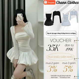  Váy nữ cúp ngực dáng bí tặng kèm áo cardigan Chann Clothes đầm nữ thu đông dáng ngắn ôm body hai màu đen trắng HCOM3023 