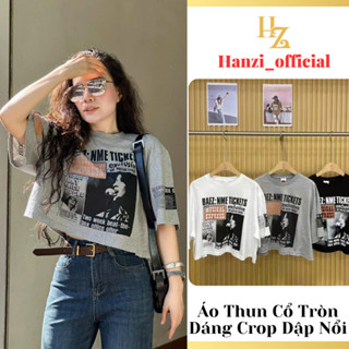 Áo thun nữ cổ tròn dáng crop, Áo thun coton nữ dập hình nổi không phai Hanzi Official QQ12